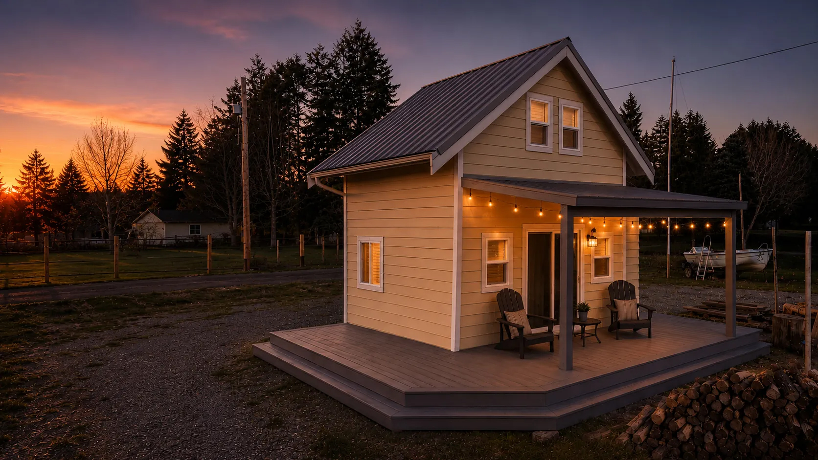 Modern backyard cabin at dusk