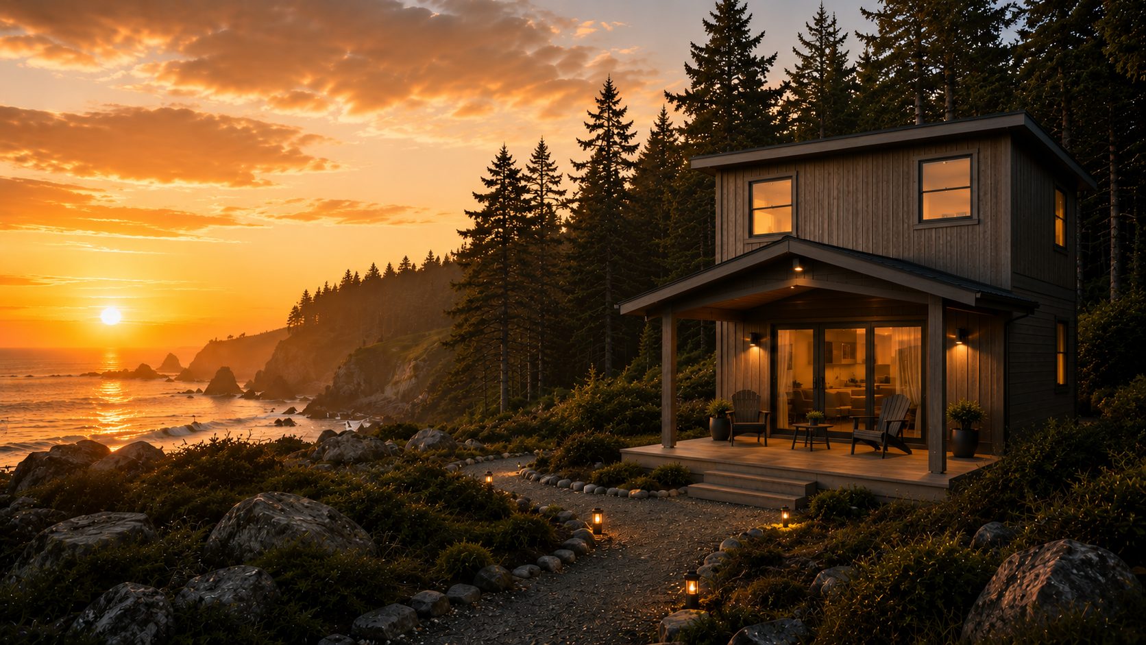 Modern compact structure in a mountain forest setting